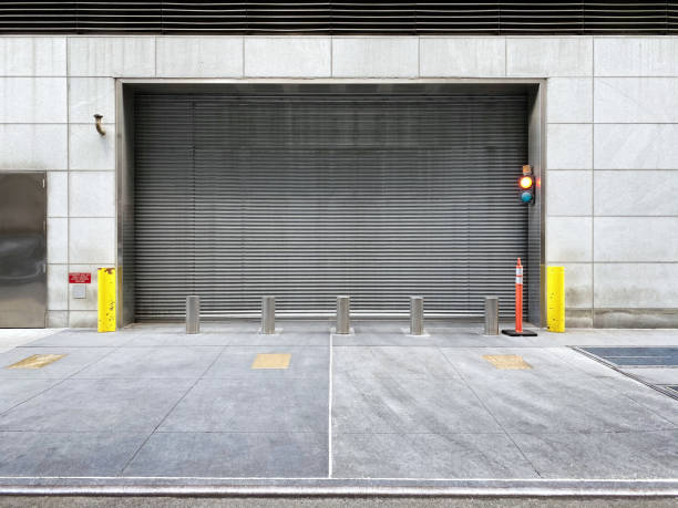 building carpark entrance with closed metal door